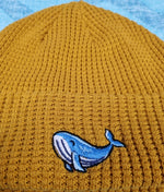 Load image into Gallery viewer, mustard yellow blue whale beanie, eco-friendly, organic cotton, eco aware shop
